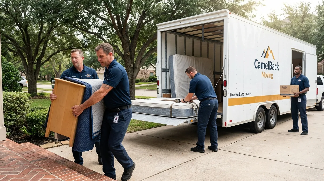 Crew loading residential truck for cross-state move from Sibley, IA