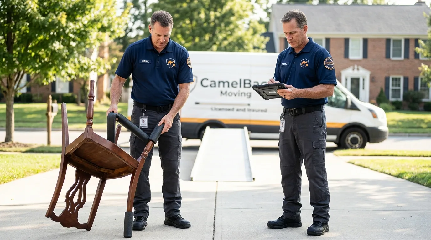 Movers inspecting furniture for damage prevention before loading in Sibley, IA