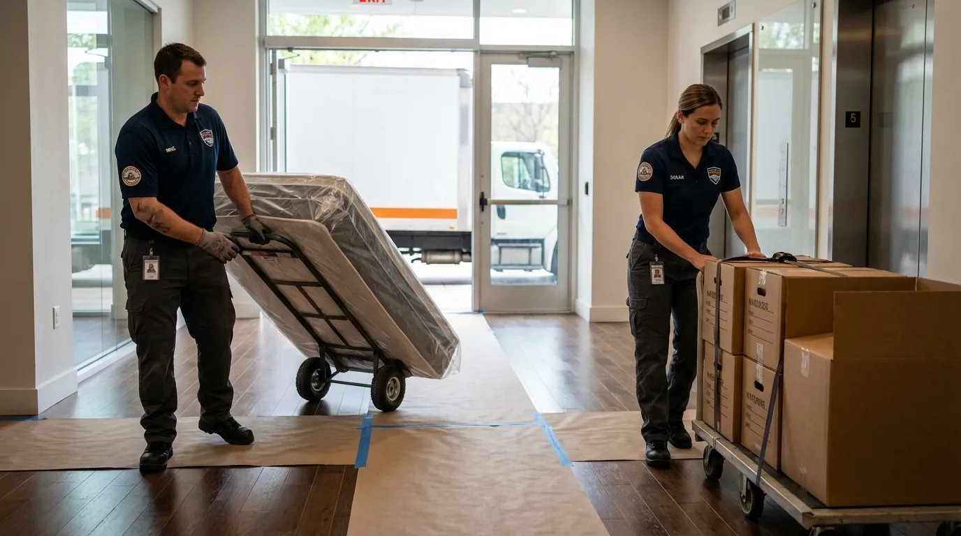 Professional apartment movers loading elevator in Sibley, IA