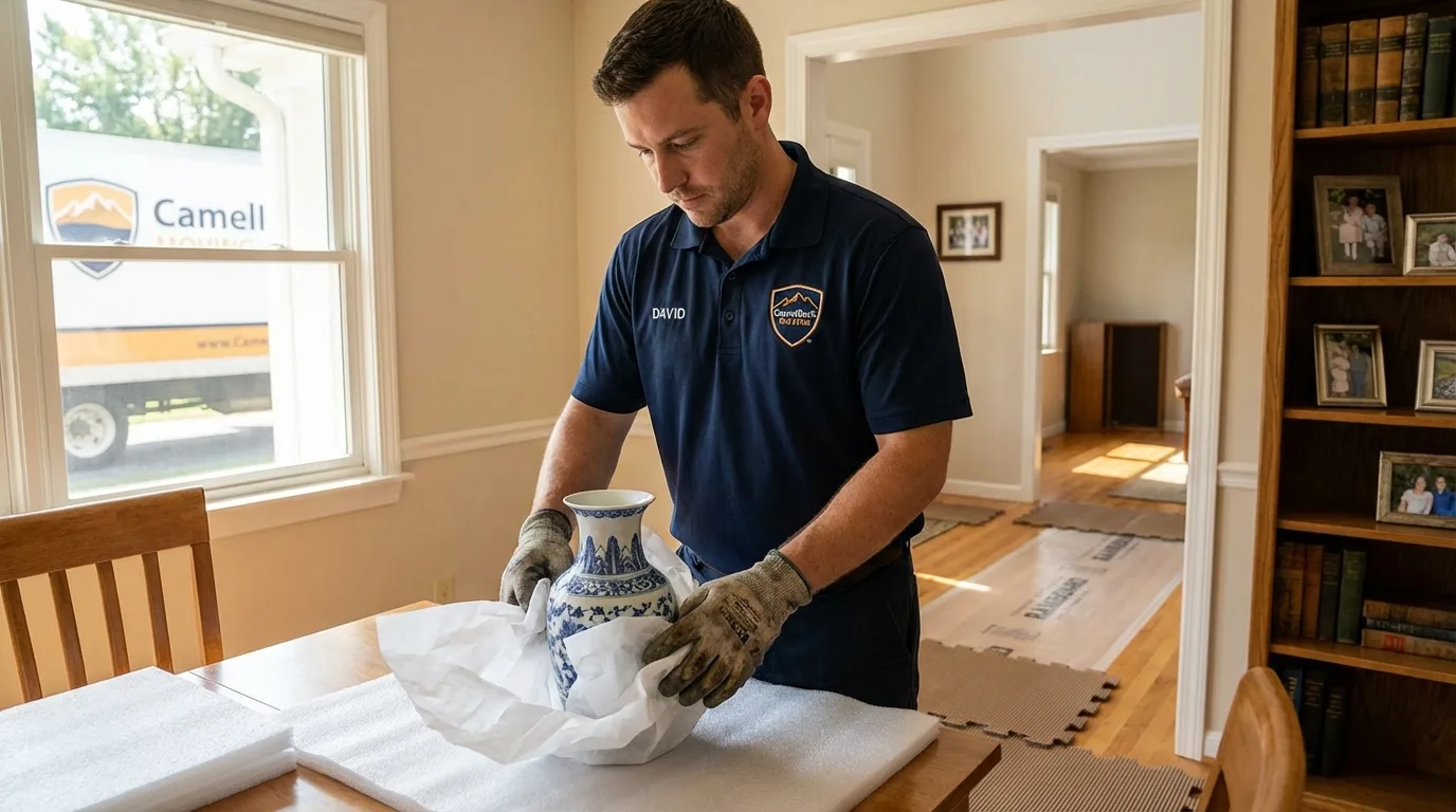 Professional crew carefully wrapping antique vase for senior downsizing move in Sibley, IA